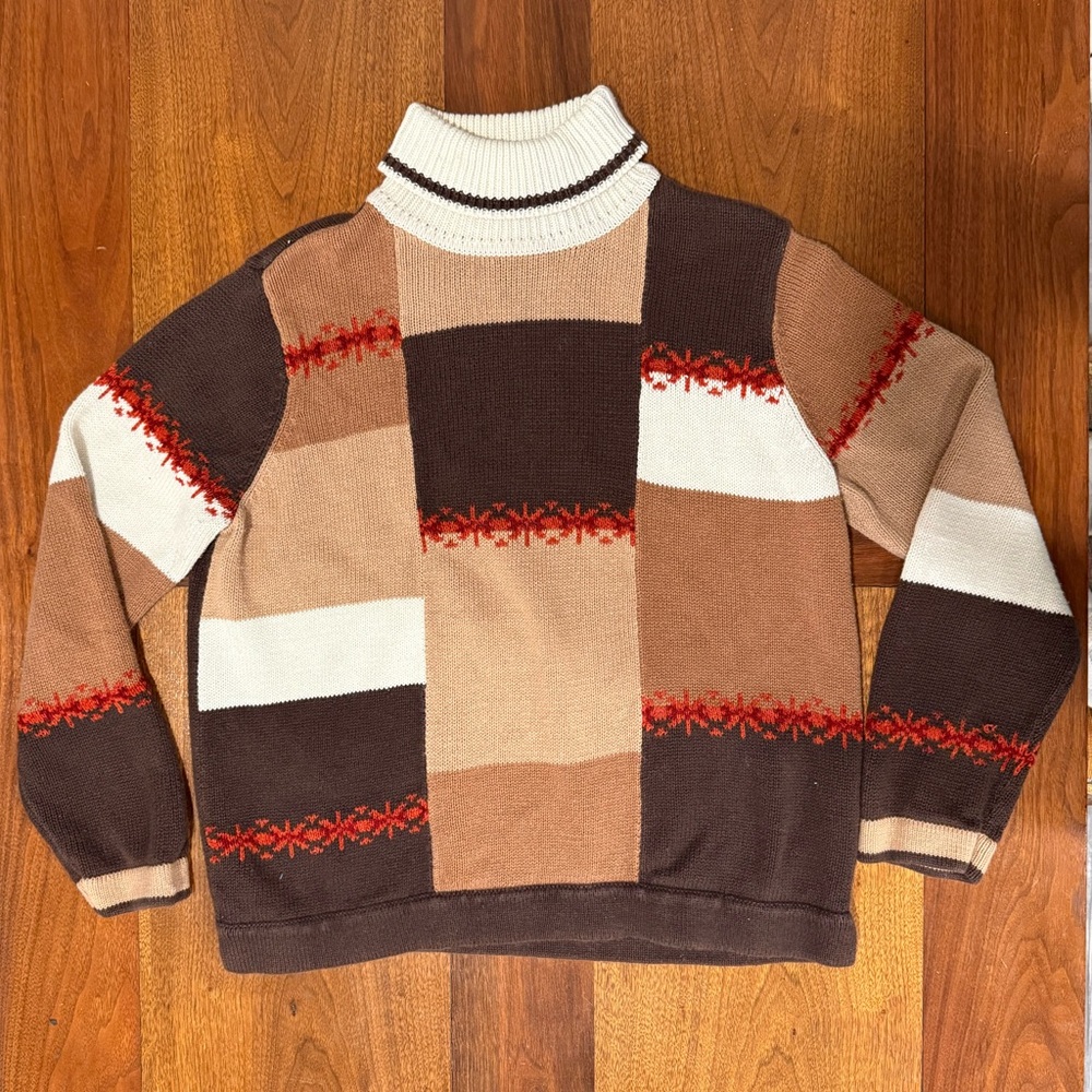 Liz Claiborne Brown and Cream Patchwork Turtleneck Sweater